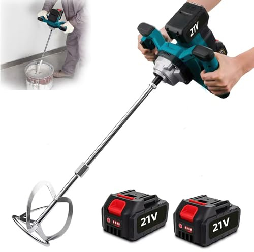 Miscelatore per malta con batteria 2 x 4,0 Ah, 1700 W, miscelatore per vernice e malta regolabile a 6 velocità, con manico impastatrice rivestito miscelatore, per miscelazione cementizia, calcestruzzo