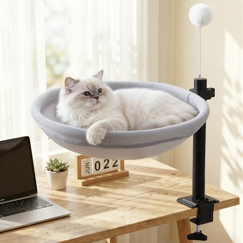 Cat Desk Bed with Hanging Ball, 360°Rotating & Height for Desk, up to 40lbs