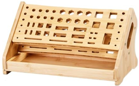 Wide Use Screwdriver Holder - Wooden 53 Hole Tool Rack With Tray, Desktop Organizer | Hobby Repair Bookshelf Pegboard Garage Truck Trailer Outdoor Indoor Garden, Home Workshop Storage Caddy Utility