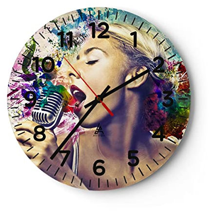 Modern Wanduhr Singen mikrofon Energie 40x40cm Rund Groß Wand Uhr Glas Analog Zimmeruhren Küche Büro Wohnzimmer Glasuhr Wall Clock Dekoration Design Wanddekoration Küchenuhr C4AR40x40-2622