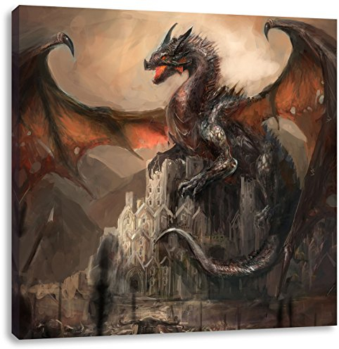 Pixxprint Drache schützend über Burg, Größe: 70x70, Leinwandbild Quadratisch, Wandbild, Kunstdruck, fertig bespannt