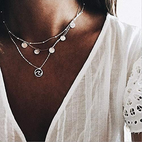 Yienate Collier bohème multi-rangs en argent avec pendentif en forme de vague - Collier de plage à paillettes délicates pour femmes et filles