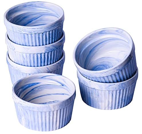Yundu 8 Ounce Blue Marble Ceramic Ramekins - Perfect for Creme Brulee, Oven Safe Baking Bowls - Set of 6