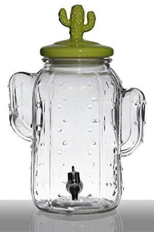 innaGLAS Distributeur de Boissons en Verre Ailis, Robinet, Couvercle en céramique en Forme de Cactus, 5L, Vert-Transparent, 26x19x29cm - Distributeur de jus de Fruits