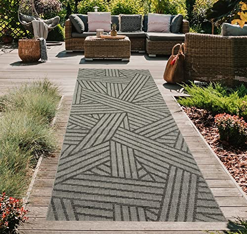 Teppich-Traum Outdoor Stegläufer Terrasse Indoorteppich Wintergarten abstrakt gestreiftes Muster anthrazit Größe 80x200 cm