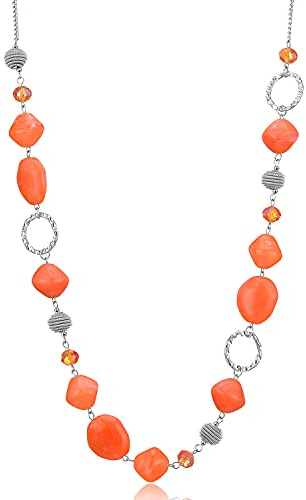 Bulinlin Silber Perplen Lang Kette für Damen Boho Statement Chain Halskette Modeschmuck Geburtstagsgeschenke für Frauen(Dark light orange)