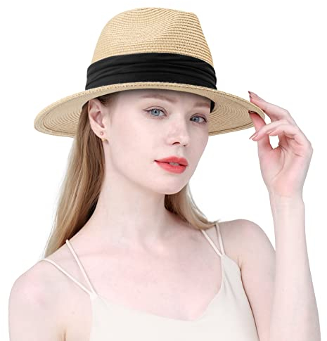 DRESHOW Femme Homme Chapeau de Paille Panama Chapeau Été Large Bord Chapeau de Soleil Anti-UV pour Plage Voyage Chapeau de Soleil