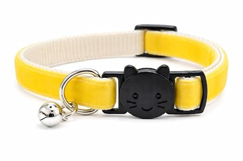 Velvet Cat Collars with Bell | Quick Safety Release Breakaway Buckle | Handmade in the UK | Available in Cat & Kitten Size | Zacal Cat Collars | Lemon Yellow Velvet