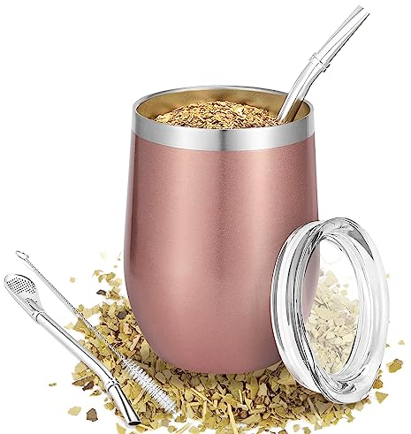 Mate Becher, 340 ml Mate Tee Tasse, Doppelwandiger 18/8 Edelstahl Mate Tasse mit Mate Strohhalm und eine Reinigungsbürste, Yerba Mate Becher(Roségold)