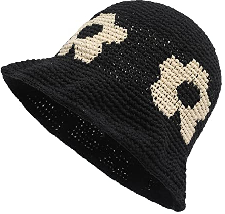 ZLYC Damen Winter Fischerhut Mode Strick Cloche Mütze Einfarbiger Warm Hut(Blumen Schwarz)