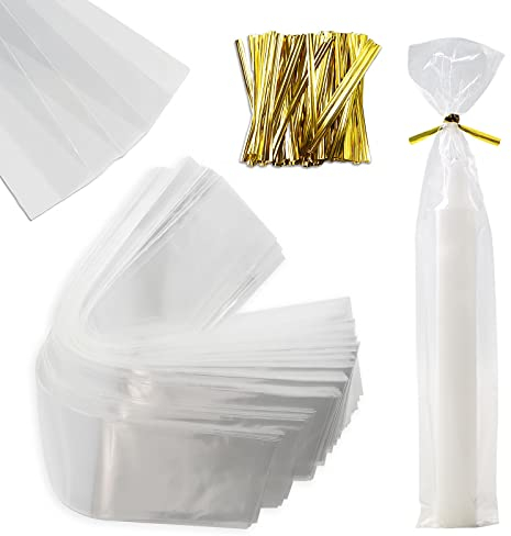 100Pcs 5 * 25cm Sachet Cellophane Sac Transparent OPP pour Biscuit Bonbon Chocolat Bijoux Bougie Cadeau Emballage Noël Pâque (avec Cravate Torsadée Dorée)