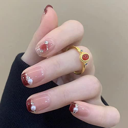 French Tip Pearl Inlaid Press on Nails with Glue,Shimmery Short Square Red Fake Nails,Sparkly Stylish Cute Y2k Preppy False Nails,ABS Resin Acrylic Stick on Nails for Women Girls 24Pcs