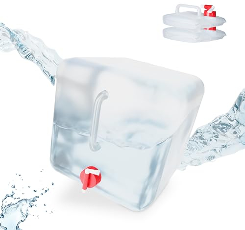 Relaxdays Pack 3 Bidones Plegables, 20 L, Garrafas Agua, Grifo, Depósitos Líquidos Camping, sin BPA, Transparente/Rojo