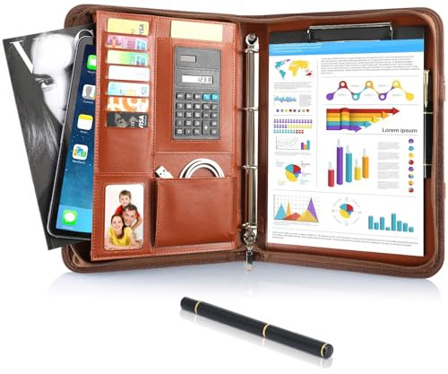 2PCS Schreibmappe A4, Konferenzmappe Leder, Dokumentenmappe mit Reißverschluss, Wasserdicht Aktenmappe mit Ringbuch Klemmbrett Notizblock, Portfolio Padfolio Mappe für Business Meeting, Braun