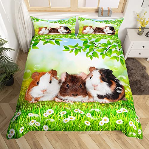 Nette Meerschweinchen Kinder Bettbezug Set S Größe,Cartoon Tiere Haustiere Kleinkind Bettwäsche Set,Jungen Mädchen Erwachsene,Daisy Blumen Blätter Sommer Tröster Abdeckung,Romantische Quilt Cover