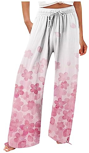 Hosen Damen Sommer, Loungehose Capri Hosen Weite Hose Damen Hosen Für Damen Flowy Sommer Hohe Taille Weites Bein Print Hose Casual Hosen Kletterhose Schlafhose Damen Plissee Hosenrock (Rosa,3XL)
