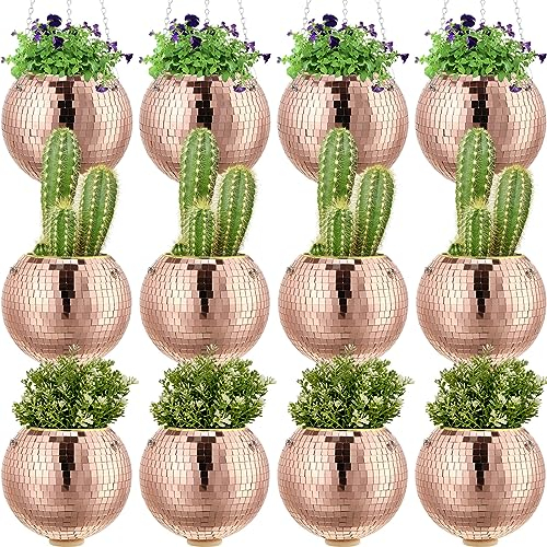 Remerry 12 Pcs 8 Inch Disco Ball Planter Mirror Ball Boho Hanging Planter Flower Pots Vase with Chain and Wooden Rings for Indoor Outdoor Plants Succulents Cacti Flowers Home Decorations (Rose Gold)