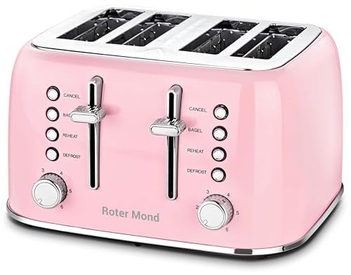 Roter Mond Retro Stainless Steel 4 Slice Toaster with Extra Wide Slots, Defrost Function, Reheating, Double Independent Control Panel, Removable Crumb Tray, 6