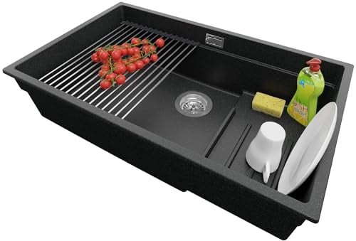 PRIMAGRAN Evier Sous Plan Graphite 76x47cm, Evier en Granit 1 bac + Kit de Vidage + Égouttoir Enroulable, Évier al mueble 80cm - Prague S275