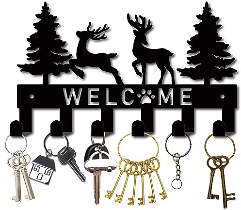 CREATCABIN Porte-Clés Métal Noir Porte-Clés Mural Organisateur Bienvenue Arbre Noël Ours Support Suspendre avec 6 Crochet Crochets Muraux Décoration Murale pour Entrée Couloir Porte D'Entrée 27x16cm