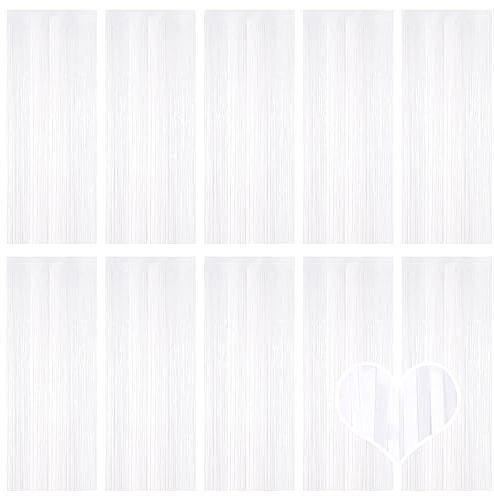 Ohiyoo 10 Stück Weiß Lametta Vorhänge 1 x 2.5M Tinsel Curtain Folien Fransen Metallic Lametta Vorhange für Geburtstag Partydekor Verlobung Hochzeit Weihnachten Neujahr Dekoration (Weiß)
