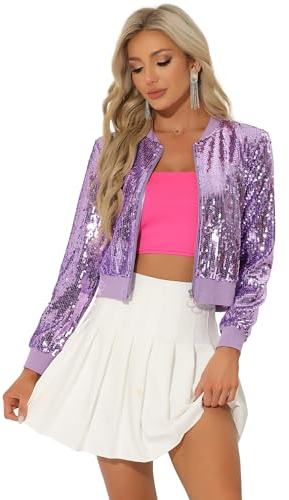 Allegra K Damen Bomberjacke Langarm Glitzer Pailletten Party Jacke Hell Lila M