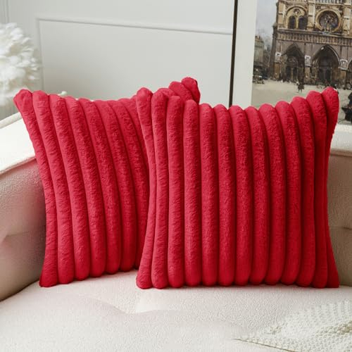 MIULEE Plüsch Kissenbezug 45x45 Weihnachten Deko Flauschige Kissenbezüge Kunstpelz Fell Sofakissen Flauschig Dekokissen Kissenhülle für Wohnzimmer Schlafzimmer Sofa Kuschelkissen Rot 2er Set