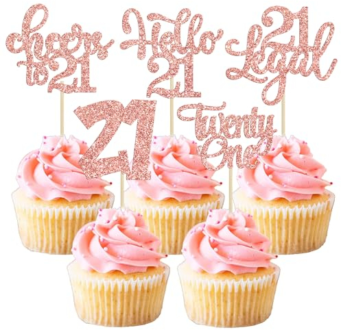 Gyufise 30Pcs 21st Birthday Cupcake Toppers - 24Pcs Assembled, Rose Gold Glitter - Cheers to 21 Years Old Cake Decorations for 21st Birthday Anniversary Party Supplies