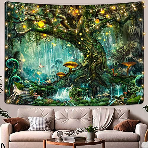 YEXIT Märchen Magischer Wald Tapisserie, Natur Baum des Lebens mit Elfen Landschaft Tapisserie Wandbehang für Wohnzimmer Schlafzimmer Dekoration Grün 172 x 228 cm