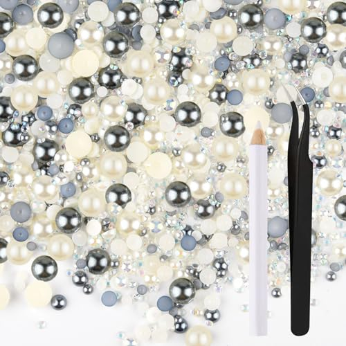 ASTARON 50 g Mix-Strasssteine mit flacher Rückseite, Halbperlen zum Basteln, gemischte Größe 3–10 mm, Strasssteine mit flacher Rückseite für Becher, Tassen, Nagelkunst, Schuhe (Silbergrau, Weiß)