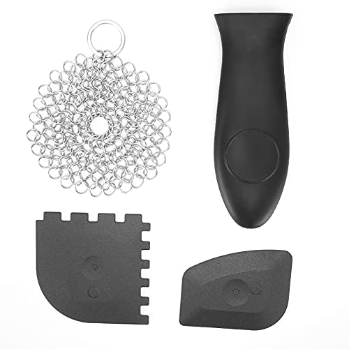 Rascador de hierro fundido, rascador de acero inoxidable para limpiar ollas, kit de rascador dentado para cocina, fácil de limpiar, apto para lavavajillas
