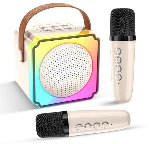 Caiord Mini Karaoke Machine for Kids,Portable Bluetooth Karaoke Machine with 2 Wireless Microphones, Kids Karaoke Machine for Birthday Home Party,Gift for Girls Boys(Beige)