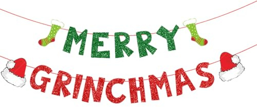 XNHIU Merry Grinchmas Banner rosso e verde Merry Grinchmas Banner di carta glitterata Banner Grinch decorazioni natalizie forniture per casa ufficio
