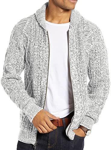 Runcati Herren Strickjacke Langarm Kragen Cardigan mit Zopfmuster Reißverschluss Jacke Gestrickt für Hemd und Shirt Hellgrau XL