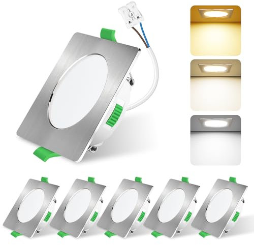 ALUSSO LIGHTING Einbaustrahler LED,4W LED Einbaustrahler 230V Dimmbar Deckenspots, 3CCT 3000K 4000K 6500K Einbauleuchten, IP44 Deckenstrahler für Badezimmer Wohnzimmer, 6er Set,Quadrat,Nickel