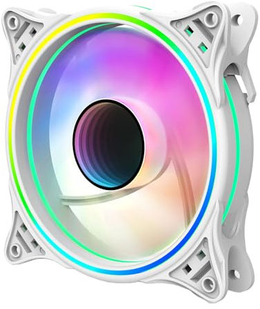 White 120mm PC Case Fan, ARGB Dual Ring, PWM, Hydraulic Bearing, Infinity Mirror Effect, 500-1500 RPM, Addressable RGB Motherboard Sync, 12CM, White