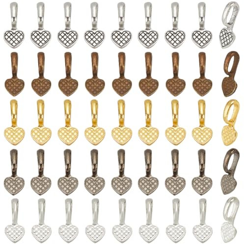 SOFPLATE 1 Box 100Pcs Silver Flat Pendant Bails Gold Glue on Bail Bulk Antique Silver Carved Heart Retro Cabochon Charms Pad Bails jewellery Findings for jewellery Making Supplies DIY Glass Gems Craft