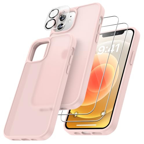 FLLAO 4 en 1 Coque pour iPhone 12 avec 2 Verre Trempé et 1 Caméra Protecteur, [Coussin d'air Intégré] Antichoc Antirayures Bumper Protection Housse pour iPhone 12 6.1, Rose Clair
