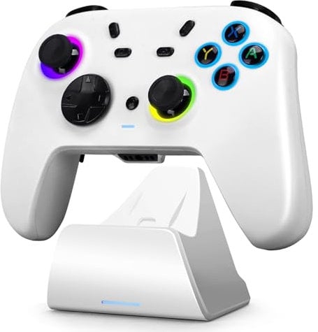 DuLingKer Mando PC con Carga Base, Mando Inalámbrico para Switch 2/Switch/PC Windows/Steam/OLED/Lite Gaming Mandos con Hall Efecto Trigger/Joystick(Sin Deriva), Luz RGB, Botón M1/M2 Blanco