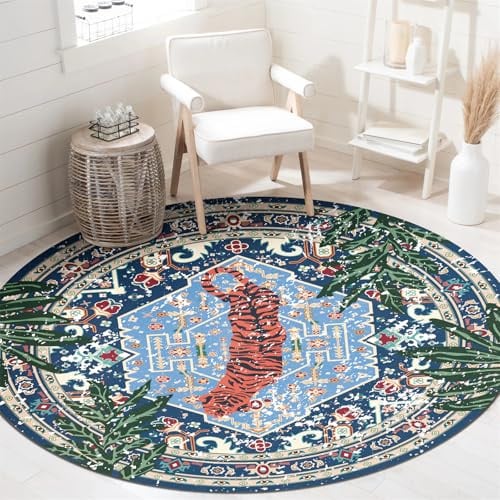 Aldopein Waschbarer Blauer Teppich, dünn, orientalisch, Boho, Vintage, tropischer Leopardenmuster, 1,5 m, rund, für Schlafzimmer, Küche, Esszimmer, Wohnzimmer, Büro, Used-Look, Dschungelpflanzen,