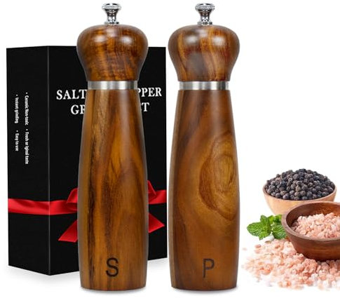 Haomacro Salt and Pepper Grinder Set of 2,8Inch Updated Wooden Pepper Mill Shaker,Modern Oak Wood Salt Mill Pepper Grinder Set Refillable with Adjustable Ceramic Rotor