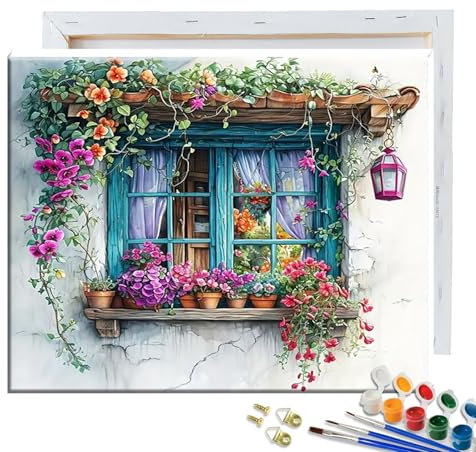JATOK Malen Nach Zahlen Erwachsene mit Rahmen, Paint by Numbers Malen Nach Zahlen, DIY Fenster mit Pinseln und Acrylfarben Handgemalt Ölgemälde Leinwand für Home Decor, 30x40CM/12x16in