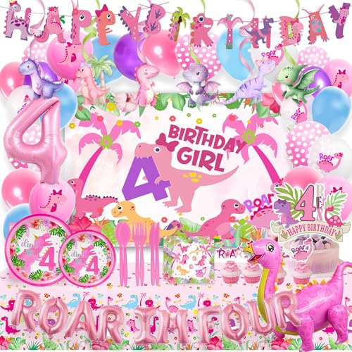 Dinosaur 4th Birthday Decorations for Girls,Roar Im Four Birthday Decoration,Roar Im 4 Pink Dinosaur Party Decor Supplies include Backdrop, Banner, Plates