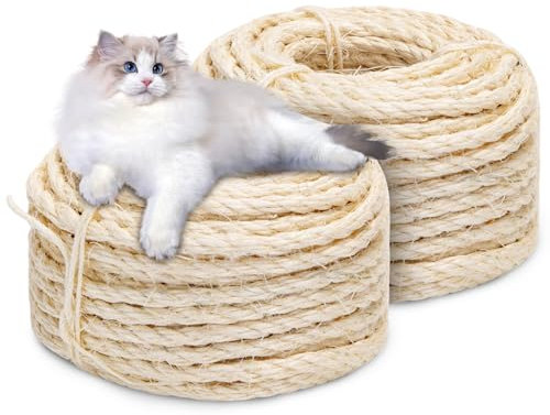 Nobleza 2 Pack Cat Scratching Sisal Rope for Cat Scratcher Cat Kitten Jute Rope for Cat Scratching Post Cat Hemp Rope for Cat Tree Cat Replacement Rope for Cat Tower Thick Cat Rope 6mm-Total 40m/131ft