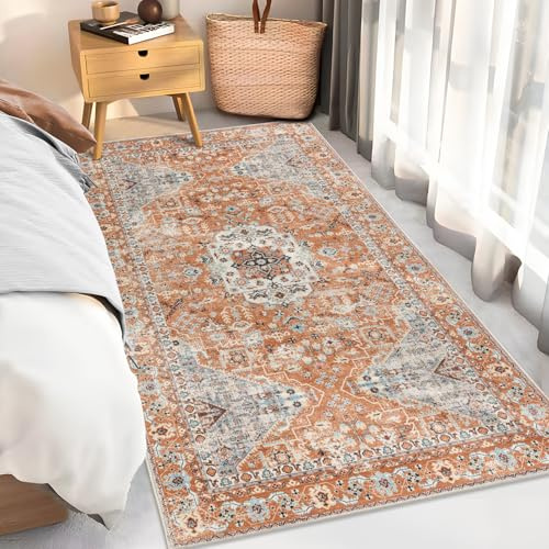 Taleta KALU Waschbare Teppiche für Wohnzimmer, Orange, kleiner Läufer, weicher Kurzflor, Vintage, Boho-Bereich, Teppich für Nachttisch, Flur, Eingang, Schlafzimmer (Orange, 80 x 150 cm)