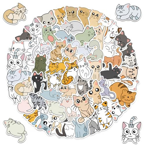 kitudaty 50 Stück Süße Katzen Aufkleber, Wasserfeste Vinyl Aufkleber, für Katzenliebhaber, Kinder, Teens, Erwachsene, Sticker Set für Laptop, Auto, Fahrrad, Skateboard, Koffer, Scrapbook