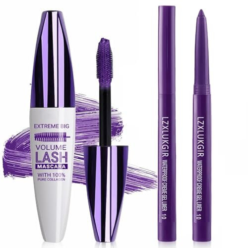 Purple Mascara and Eyeliner Set, 5D Colored Liquid Mascara Volume, Lengthening, Curling, Waterproof, Smudge-Proof, Ideal for Party, and Stage Makeup