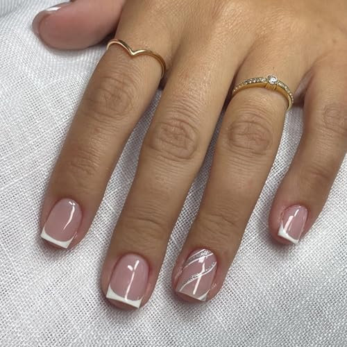 Virellay 24 Stück Square French Kurze Press on Nails, Nails Zum Aufkleben French Design Silber Glitzerlinien, Short Künstliche Fingernägel Kurz für Frauen (Französisch Silbernen Linien, 24 pcs)