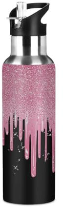 Mexpekil Borraccia termica rosa con flusso glitterato da 600 ml, con coperchio con cannuccia, in acciaio inox, a prova di perdite, per viaggi, sport, corsa, ciclismo, escursionismo