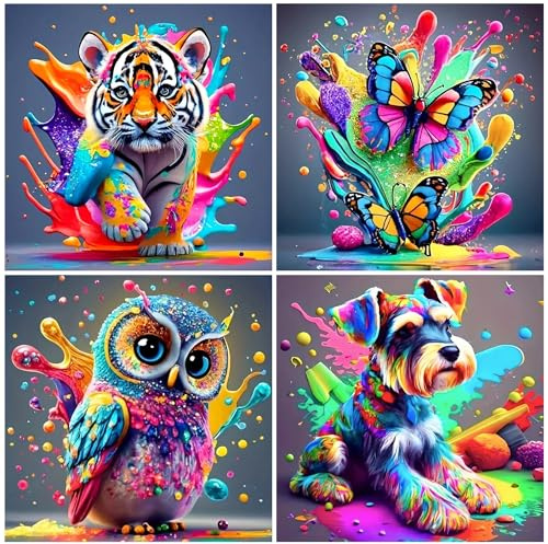 FLAJZ Diamond Painting Kinder, 4 Pack Süß Tiere Diamond Painting, Diamant Painting Bilder für Kinder ab 6 7 8 9 10 11 12 Jahre, DIY Mosaik Bastelset Weihnachtsgeschenke, 15x15cm